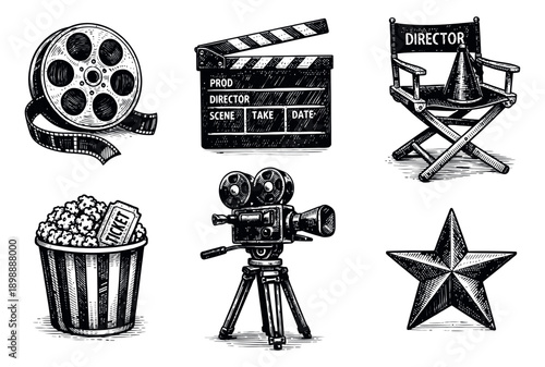 Hand drawn line art cinema icons set featuring a film reel, clapperboard, director's chair, movie camera, popcorn, and star for film and entertainment concepts
