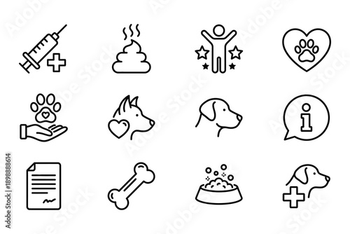 A set of outline icons representing pet care and veterinary services, including a syringe, poop, a dog, a bone, and a heart. Vector Icon Bundle
