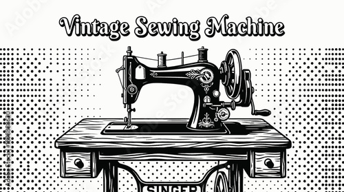Vintage Sewing Machine Household Retro Black and White Background Vector Illustration