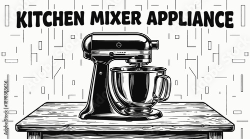 Vintage Kitchen Mixer Appliance Household Retro Black and White Background Vector Illustration
