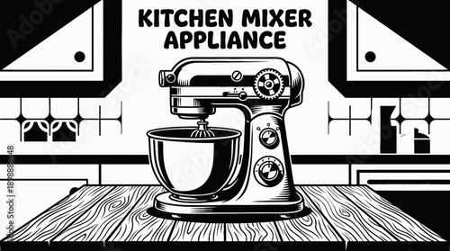 Vintage Kitchen Mixer Appliance Household Retro Black and White Background Vector Illustration