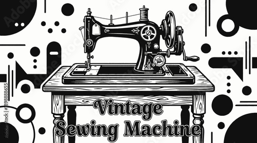 Vintage Sewing Machine Household Retro Black and White Background Vector Illustration
