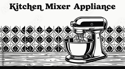 Vintage Kitchen Mixer Appliance Household Retro Black and White Background Vector Illustration