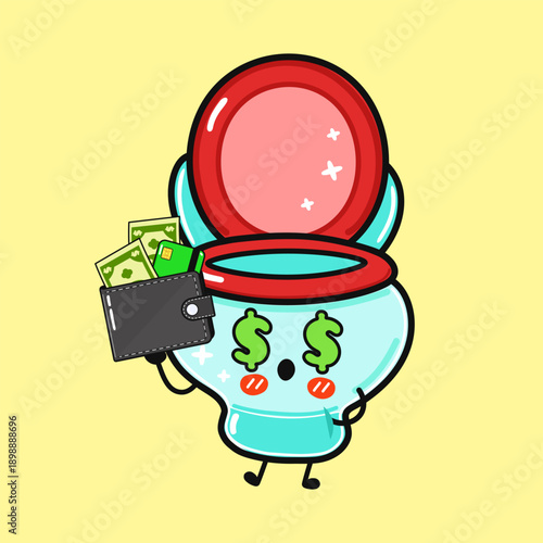 Toilet character holding wallet full of money, wasting finance