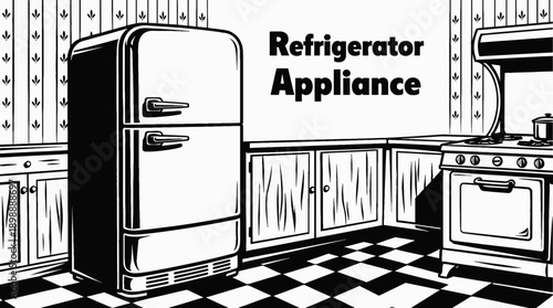 Vintage Refrigerator Appliance Household Object Retro Black White Background Vector Illustration