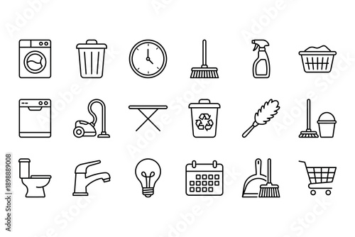 A collection of simple outline icons for cleaning and household chores, including a washing machine, trash can, broom, and toilet. Vector Icon Bundle