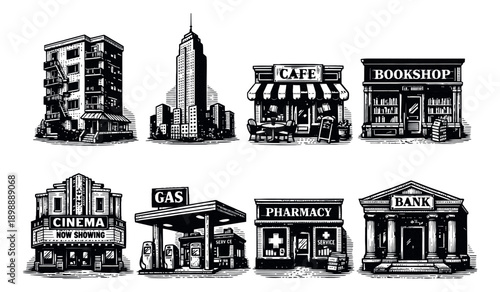 Vintage hand drawn line art building set featuring various city establishments for urban and commercial design
