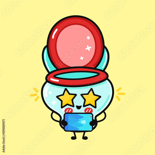 Cute toilet character holding smartphone with star eyes
