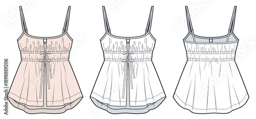 Women Cami Top Technical Flat Sketch. Spaghetti Strap Top fashion flat technical drawing template, adjustable straps, front tie, front and back view, white, soft pastel, women CAD mockup.