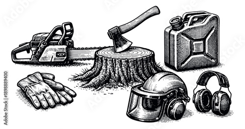Vintage style hand drawn logging tools set featuring a chainsaw, axe, stump, gas can, and safety equipment for woodcutting
