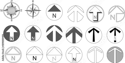 Technical vector illustration of 18 different north arrow symbols and compass roses for architectural site plans and map orientation.