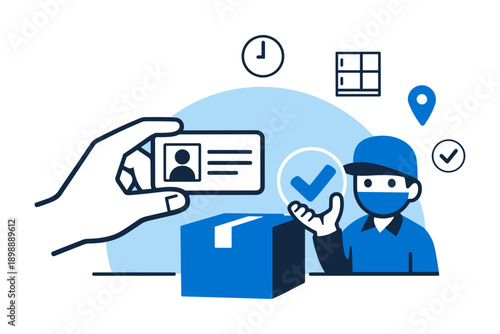 Contactless delivery and verification concept with id, package, and courier