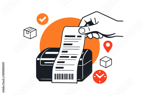 Hand holding receipt with barcode near printer and delivery icons