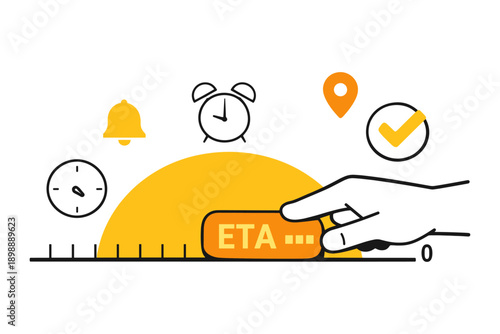 Arrival time concept with icons of alarm clock, bell, checkmark, and location