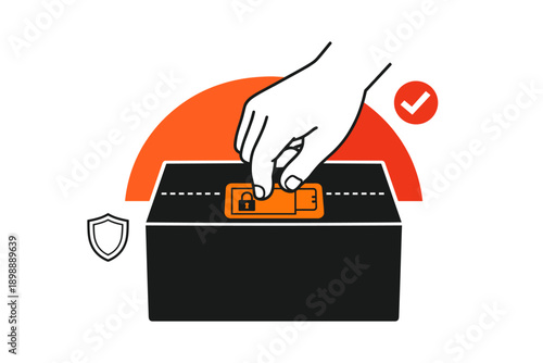 Hand engaging security lock on box with security icons and red checkmark