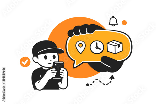 Cartoon delivery service app: male character using mobile for location and parcel tracking