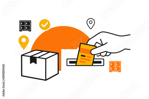 Hand inserting delivery card in parcel locker system illustration
