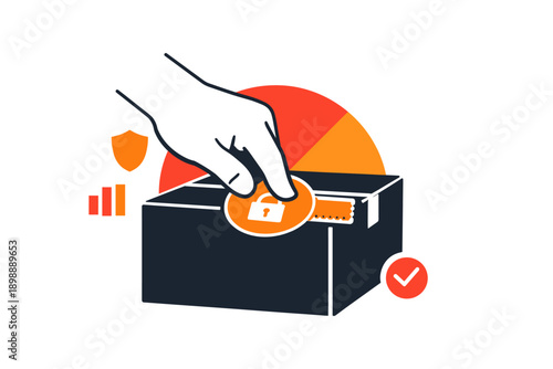 Hand depositing secured ballot in box with security symbols