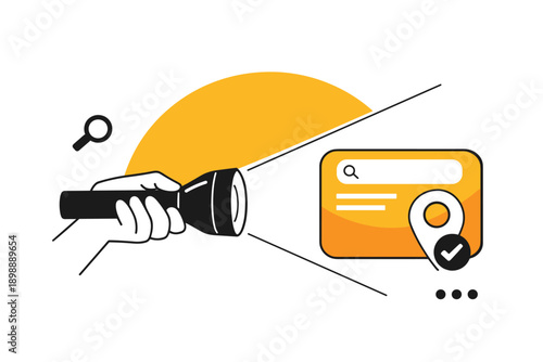 Person searching with flashlight and map icon against yellow sun background