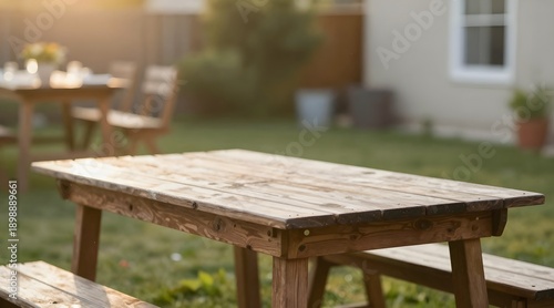 Close up of picnic table sitting in backyard with blurred background