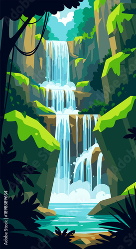 Beautiful Forest Waterfall Vector Illustration - Lush Greenery and Cascading Water