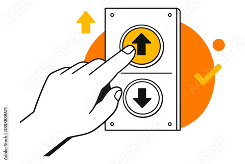 Hand pressing upward arrow on elevator button panel illustration