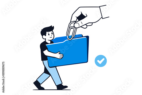 Cartoon male character receiving important document in blue file folder