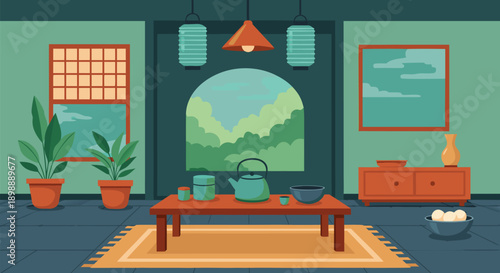 Charming Japanese room interior with tea set on table, vector illustration of a serene living space with plants and ambient lighting