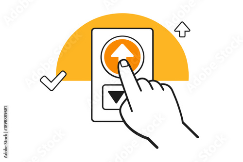 Finger pressing elevator button with upward arrow and check mark symbols
