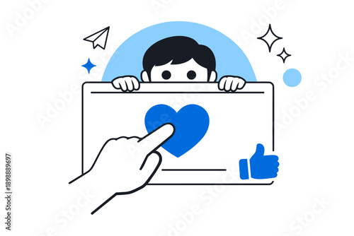 Child view behind tablet with social media icons and interactive blue heart