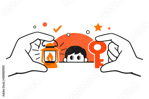 Illustration of child making choice between lantern and key