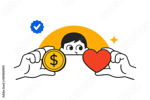 Young caucasian male weighing money and love choices