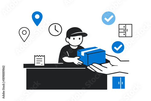 Icon of courier service with person delivering package at counter