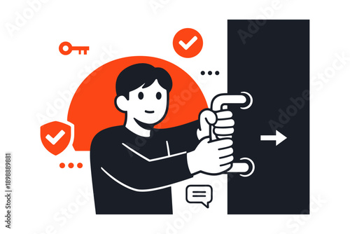 Young male asian cartoon unlocking door with key and icons