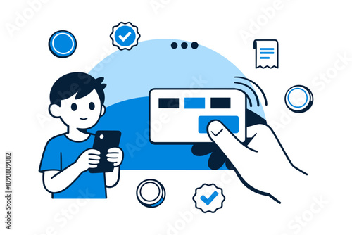 Asian male teen using smartphone for contactless payment with nfc card