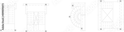 Technical vector illustration of four staircase floor plan layouts, including straight, U-shaped, and semi-circular designs in line art.