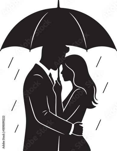 Couple with Umbrella Silhouette Romantic Love Scene Black Vector Illustration