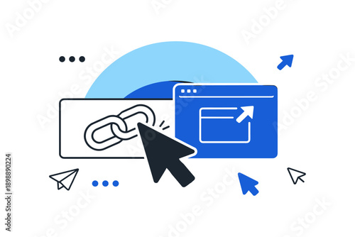 Digital illustration of hyperlink and web navigation concept with arrows