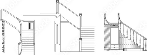 Technical vector illustration of classic staircase elevations, featuring elegant curved railings, balusters, and structural details in line art