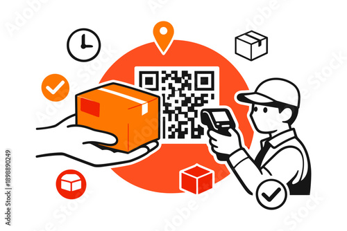 Courier scanning package with qr code and icons illustrating delivery process