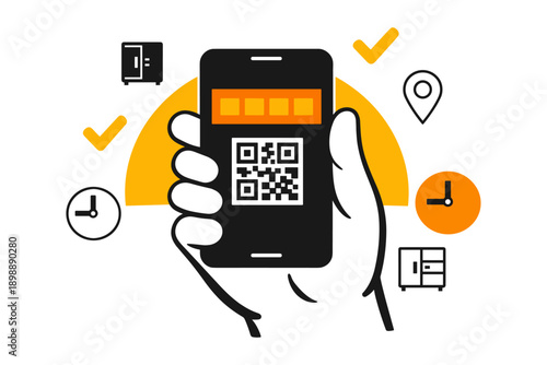 Hand holding smartphone with qr code and location icons for secure access