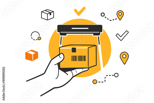 Hand holding package with delivery icons and tracking elements