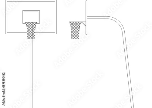 Technical vector illustration of a basketball hoop elevation, featuring front and side views of the backboard and net in clean line art.