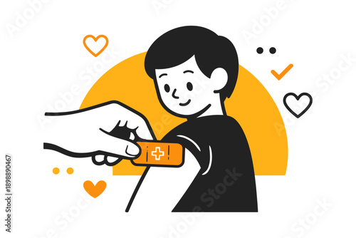 Young caucasian male receiving vaccination with band-aid in arm