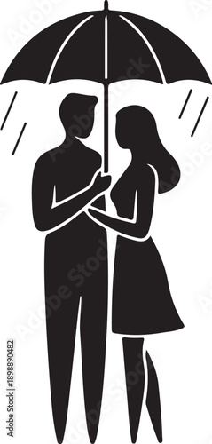 Couple with Umbrella Silhouette Romantic Love Scene Black Vector Illustration