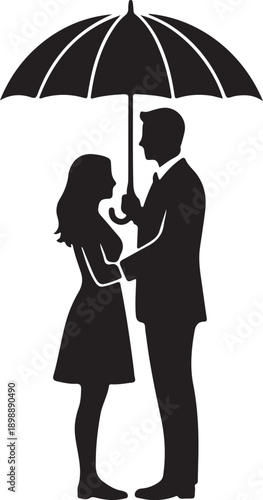Couple with Umbrella Silhouette Romantic Love Scene Black Vector Illustration
