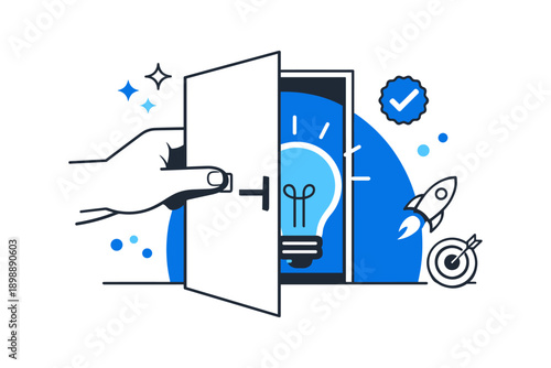 Opening door to innovation: light bulb and rocket symbolizing new ideas