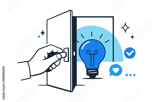 Hand opening door to bright idea symbolized by blue lightbulb