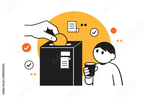 Simple donation concept art with coin and person holding cup