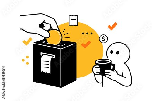 Donation concept: person giving coin to box with receipt symbol and happy character